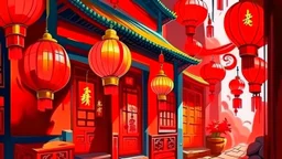 fantasy cartoon style illustration: red lanterns and red decorations on doors and windows in a Chinese village