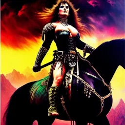 portrait oil on canvas, beautiful punk busty female Savage Barbarian Warrior, riding a Black Horse,green eyes, ,minimal armor,comic book cover, mystical colors,insanely detailed,realistic,intrincate detail, 16k resolution, masterpiece,Frank Frazetta,Alex Horley, Simon Bisley