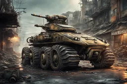 A car that's a mix between a scorpion and a tank, robotic, ready for battle, worn-out, with large rims and tires, fully mechanical, on a street in post-apocalyptic cities.
