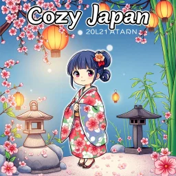 Create a book cover for Cozy Japan Coloring Book featuring a charming Japanese girl in a vibrant, floral yukata as the central figure. She is surrounded by cozy, peaceful elements of traditional Japanese scenery—such as falling cherry blossoms, a small stone lantern, bamboo groves, and paper lanterns softly glowing above her. The setting is tranquil and colorful, evoking a warm, inviting atmosphere of everyday Japanese charm. Illustration in vivid color style with delicate textures, soft lightin