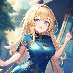 Clear focus,High resolution, Blonde hair, and blue eyes, kawaii style, wearing a Chinese Traditional dress