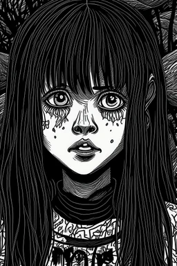 create a horror manga illustration of a dark haired, savage, ancient vampire girl with highly detailed , sharply defined feminine facial features, in a chaotic, turbulent, otherworldly London in the manga style of Junji Ito, precisely drawn, inked, with dramatic edges,