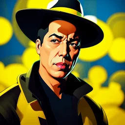 Gustavo Petro, comic style artwork, dark yellow, black and blue, wearing a wide-brimmed hat, wearing a white shirt, calm ando serious