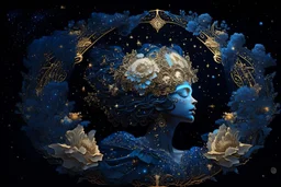 sky in a starry night with glowing meteor showers, ascension of a woman in flower crown decomposing and dissolving into moon, dark - blue black gold beige saturated, ornate baroque rococo art nouveau intricate detail, 3 d specular lighting, cinematic