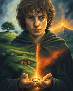 A dramatic, cinematic illustration of Frodo Baggins from "The Lord of the Rings," holding the glowing One Ring in front of him with a solemn expression. He wears a dark cloak, standing against a shadowy backdrop. Emerging from his chest is a surreal, split landscape: on one side, the peaceful Shire with lush green hills, hobbit holes, and a large tree; on the other, a fiery wasteland with Mount Doom erupting, lava flowing, and a dark army marching toward the volcano. Using rich textures and moo
