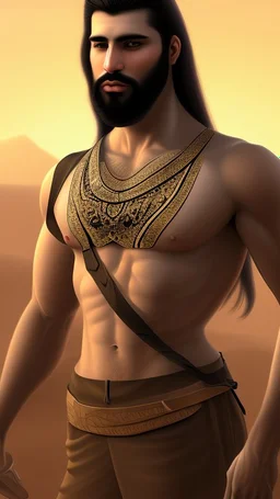 An Arab man in the desert, tall and strong, with long black hair and a thick beard. A long face, a large nose, a thick face, and sharp black eyes. A solid and muscular body with a strong build.