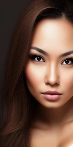 UltraHD, 8k, Studio portrait photo of a hot woman age of 27, beautiful pretty face, half filipinó, half american, gray cat eyes, brown hair, very detailed face, studio lighting, fantasy, brown ratio, sharp focus color, corrected hyper detailed pino daeni