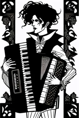 goth male necromancer with black hair playing a accordion in the style of Aubrey Beardsley