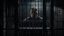 close up parallel prison window bars in foreground, dark prison cell behind him, hidden dark human face partially visible through the window bars, pale light, vertical shadows in background, ultra realistic, dark atmosphere, high contrasts, dark vibe, cinematic