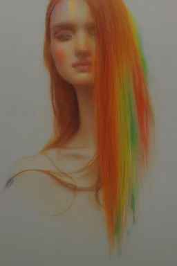 Beautiful perfect perfectly centered photorealistic lady crayon on pastel paper long hair, gold to orange hair, rainbow dress, close up portrait by Greg Rutkowski