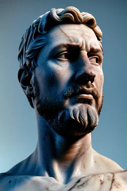 Ultra Realistic image, classical renaissance sculpture, marble material, Lionel Messi, emperor style, chisel style, waist up portrait, epic, celestial, cinematic lighting, God light, god rays, 4k resolution, smooth details, ornate details, soft lighting, unreal engine 5, sky background.