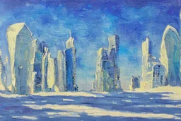 Sunny Day, futuristic buildings near the tree and frozen lake zone, sci-fi, impressionism painting