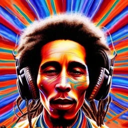 a realistic picture of Bob Marley with dreadlocks, at a turntable with headphones on being a DJ, jamaican color, with sunglasses, psychedelic trippy art, with UFOs in the background