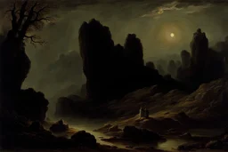 Night, rocks, trees, begginer's landscape, horror gothic movies influence, friedrich eckenfelder, and pieter franciscus dierckx impressionism paintings