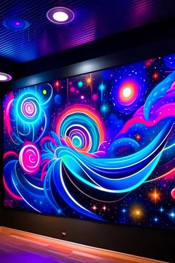 Create a mural that portrays a futuristic and cosmic atmosphere, with swirling galaxies, cosmic elements, and neon lights, immersing patrons in a visually captivating and otherworldly experience.