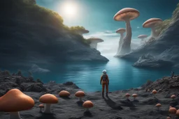 A hyper-realistic 16K 3D photograph of an alien world, with a woman in a spacesuit looking over a rocky shoreline, pointed hat mushrooms with tentacles floating across the sky