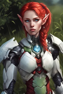 female elf, high checkbones, white scale high tech armor, cybernetic jaw, cybernetic throat, blue crystal in the center of the armor, laying on a patch grassfield, single character, red hair, single high pony tail, green eyes, photorealistic