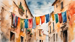 looking up in a street in an old Tuscan town with a clothesline spawning across the street above, several freshly washed colorful long-sleeved shirts hanged on clothesline blown in the wind, acrylic + watercolor, dripping ink, wash ink, tint leak, windy dynamics, upward perspective