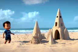 Toddler elon musk building a tall apollo rocketship sand castle on the beach