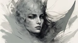 the terrible warrior, the moon, horrors, the parapet of the castle ruins, the mnachny mountains and the valley, fantasy, longing and cold, dark world, sketch art, fine lines, grunge, sensual, darkness, dark colors, by Anna Razumovskaya & Benedick Bana & Raymond Swanland & Alyssa Monks &