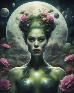 realistic portrait of miss hulk CAn imaginative depiction of fictive gathering taking place in a garden that spans across different planets and galaxies, screen, two minutes of love, double exposure, dark flowery swamp, glassmorphism, acid ground, ruins, floral fantasia, dark sci-fi, albino geisha, A gothic Art Deco biomechanical entity reminiscent of a punky, tattooed,