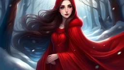 fantasy illustration: Lovely young lady dressed in red dress, long dark flowing hair, large eyes, winter time