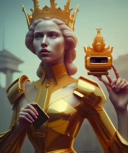 Statue of Queen of photography holding camera in hands. Cute blonde woman. Photographer in golden crown. Standing on the street. Big camera in her hand. hyperdetailed, photorealistic, trending on artstation, greg rutkowski, beksinski, kodachrome, volumetric lighting, gold and cyan