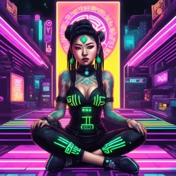 [psychedelic pixel illustration by Jannell Jaquays with Solstice colour palette] Neon Void (AcidHouse Space Opera) a Neo-cyberpunk asian girl with barcode tattoo sits in front of the camera, ready to engage, casino in the background