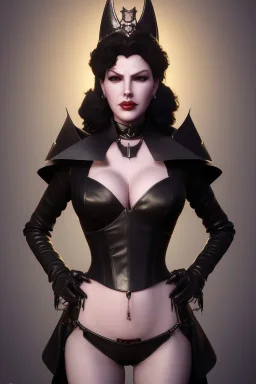 Lana Turner as evil queen in black leather, leather, busty, cleavage, angry, stern look. character design by cory loftis, fenghua zhong, ryohei hase, ismail inceoglu and ruan jia. unreal engine 5, artistic lighting, highly detailed, photorealistic, fantasy