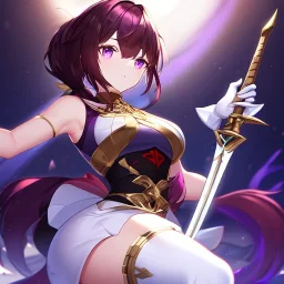 Clear focus, High resolution, Black red faded hair, low small ponytail, purple dead glowing eyes, white detailed split skirt, purple and white detailed sleeveless shirt up to neck, white gloves up to elbow, holding sword, gold necklace, white thigh high boots, zoomed out, (solo)