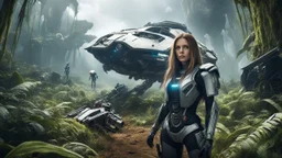 Wide-angle, woman with straight hair, dressed like a robot, with equipment in her hands, next to a crashed spaceship, in a clearing on an alien jungle world