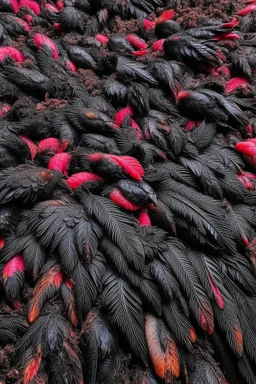 A pile of blood-soaked black feathers