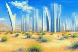 Sunny spring day, Futuristic buildings near the desert, impressionism painting