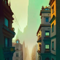 Corner building +Beaux Arts architecture+uphill road+trees+ biopunk+Bueno Aires+turin+trieste+Book illustration by Gediminas Pranckevičius, Jean Baptiste Monge, Brian Kesinger, Anton fadeev, Kilian Eng, strong lines, high contrast vibrant colors, highly detailed, 16k resolution, trending on behance