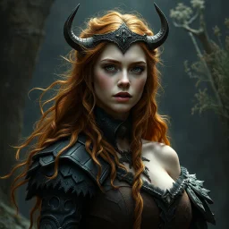 a beautiful fantasy woman, young, ginger hair, rugged, dark fantasy art, sheogorath