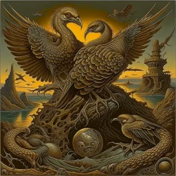 creatures of habit carrion afterglow of doom, surreal meander style of john Stephens and Michael Cheval, eerie, smooth, trending on Artstation, 16k, intricate detail, hypersurreal.