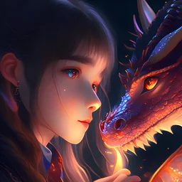 Girl touching her dragon's face, Realistic anime, Dreamlike anime 1.0, Full body portrait, Mystical lighting, Amazing detail, 4k, 8k, illustration, Perfection