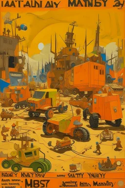 A yellowish orange colored unnerving junkyard with construction vehicles painted by Wassily Kandinsky