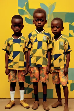 Frontal view of 3very dark African little boys in soccer jerseys members in bright floral trousers and white glasses, standing ", yellow background, collage njideka akunyili Crosby Bisa Butler"