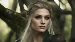 photoreal fourty-year-old gorgeous blonde elf Guardian high priestess of the Eladrin elf goddess with leather skin with mystical eyes looking like rachel weisz wearing dark geen leathers perching on a tree branch at dawn by lee jeffries, otherworldly creature, in the style of fantasy movies, photorealistic, shot on Hasselblad h6d-400c, zeiss prime lens, bokeh like f/0.8, tilt-shift lens 8k, high detail, smooth render, unreal engine 5, cinema 4d, HDR, dust effect, vivid colors