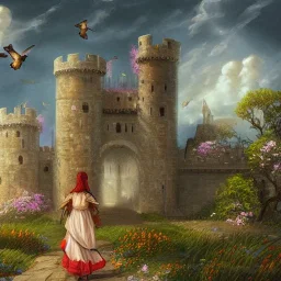 Epic Castle into sky, with flowers of fyre. Huge clouds and birds. Shy girl going out of the main gate. Detailed painting, sharp color, medieval, intricate detail, far sceen, realistic colors, medieval concept art. spring.