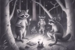 At dusk curious raccoons explores the forest. Tiptoeing into human campsites, intrigued by human artifacts they found.- Pencil drawing, realistic, graphite