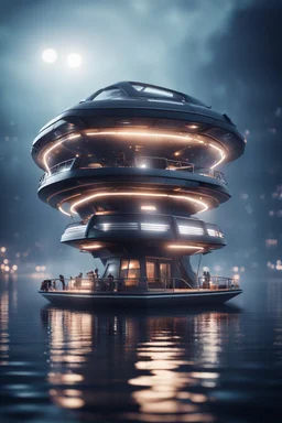 a misty catamaran raft modular house boat that looks like a dark twisted alien space ship with spotlights, in advanced hi tech dock, bokeh like f/0.8, tilt-shift lens 8k, high detail, smooth render, down-light, unreal engine, prize winning