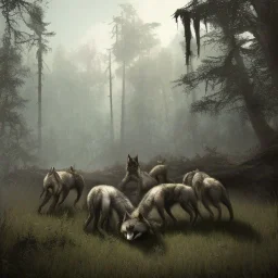 franz frazetta style, wolf pack in the forest clearing, night