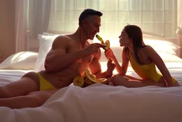 Digital painting of dad and two beautiful young teenage girl in a swimsuit on a bed. eating a banana. with dad, artstation, 8k, extremely detailed, ornate, cinematic lighting, vivid.