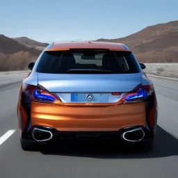 award winning car and driver photograph of a futuristic station wagon mech hybrid designed by only one vehicle per image painted metallic orange traveling at a high rate of speed, jet intake off of front center of vehicle and jet exhaust out the rear with bright blue flame, bilaterally symetrical, more a high speed road vehicle