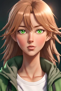 Anime tan-haired and green-eyed, light-skinned casual female portrait, 8K resolution, high quality, ultra graphics, and detailed with lines.