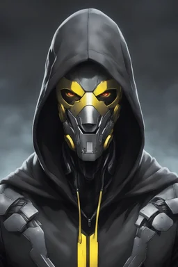 киборг, одет в черное пальто с капюшоном, маска только с желтыми узкими глазами, пальто расстегнутое, маска закрытая