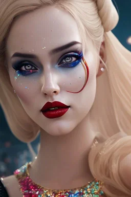 Hulya Avsar as Harley Quinn Photorealistic dramatic hyperrealistic criyng clown paint ,Crystal black eyes, elegant, by WLOP,Artgerm,Greg Rutkowski, Beautiful dynamic,shadows,Artstation,concept design art,Octane render,8K