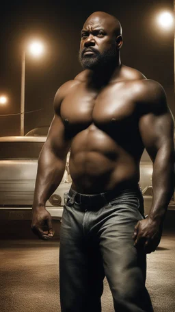 strong burly beefy nigerian mechanic 44 years old, curly hair, wet, short white beard, manly chest, hairy, shirtless in bulging dirty white boxer, big shoulders, tattoo, big calves, barefeet, angry, photorealistic, side light, inside a dark parking lot at night, side neon light, photoRealistic, view from the ground